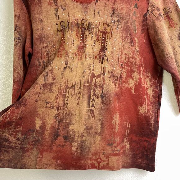 Cactus Top Womens Size XL Red Aztec Embellished Rhinestones Cotton Shirt Casual - Picture 4 of 9